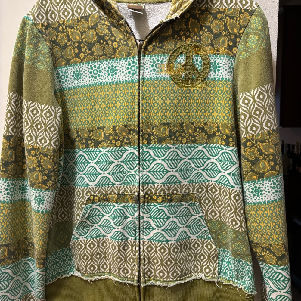 Billabong Olive Green & Teal Patterned Zip Hoodie